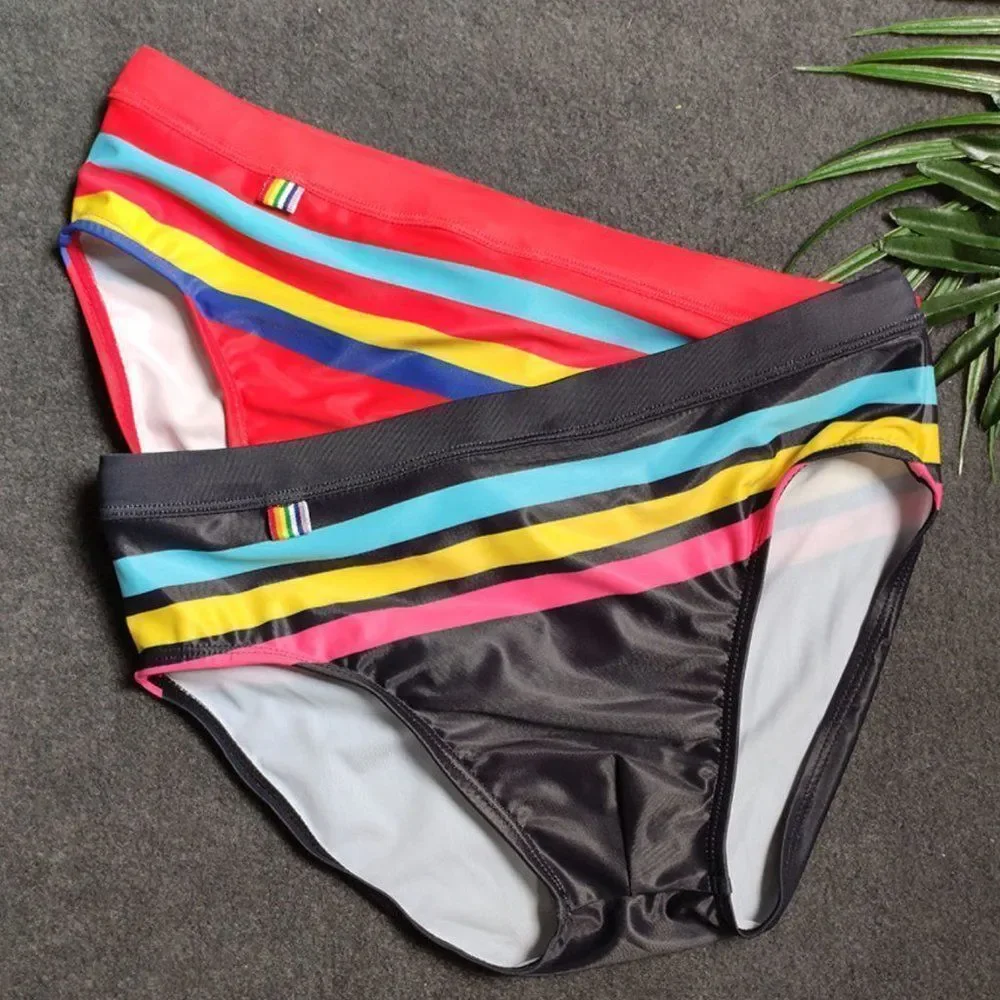 Men's Sexy Swimwear Low-Rise Striped Briefs Resort Beach Pool Party Black M